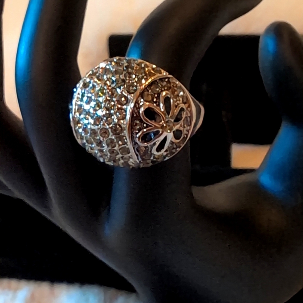 Silver Toned Floral Statement Dome Ring Detailed with Encrusted Stones